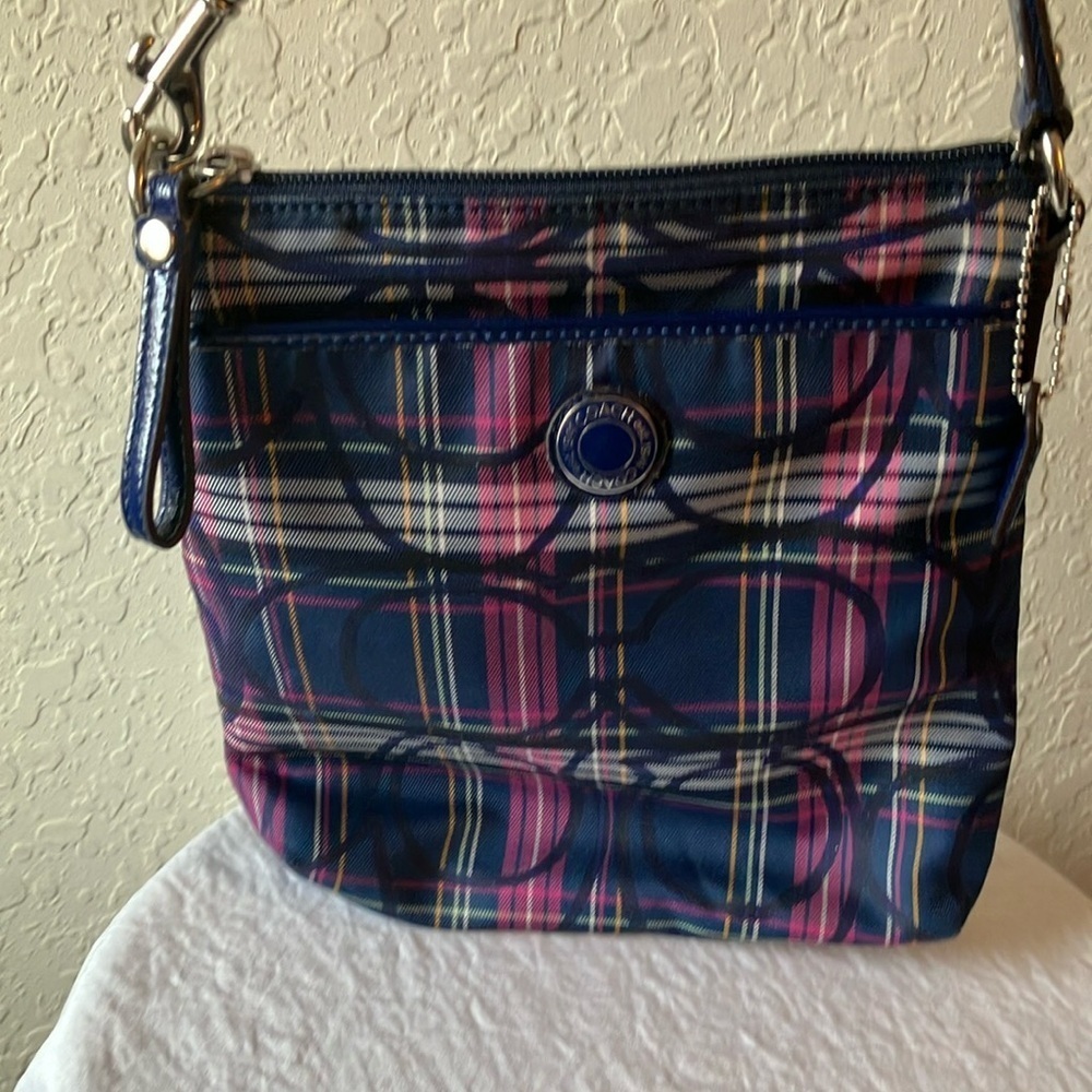 Coach: Navy & Pink Tartan Plaid Crossbody Bag- Silver Tone - Picture 8 of 16